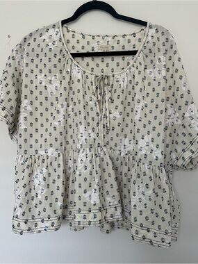 Pilcro Cream Floral Tie-Front Peplum Blouse